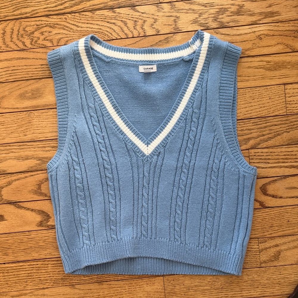 Garage Blue Knit Vest with White Trim